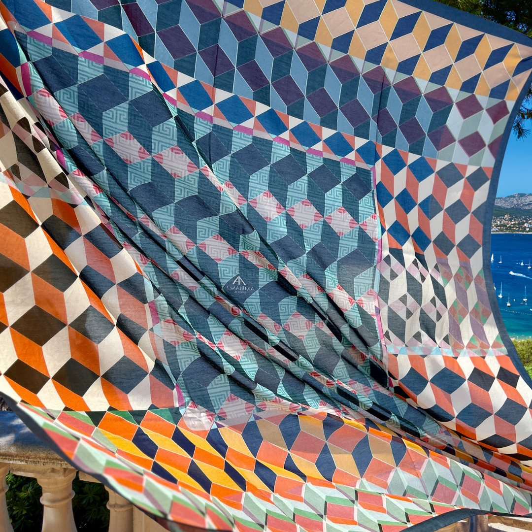 Carnevale Mosaic Print Sarong Scarf 130cm, Navy - Image 7