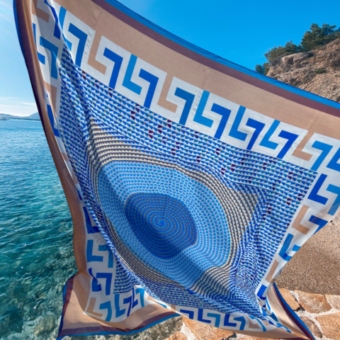 Meandros Mosaic Print Sarong Scarf 130cm, Attica Blue