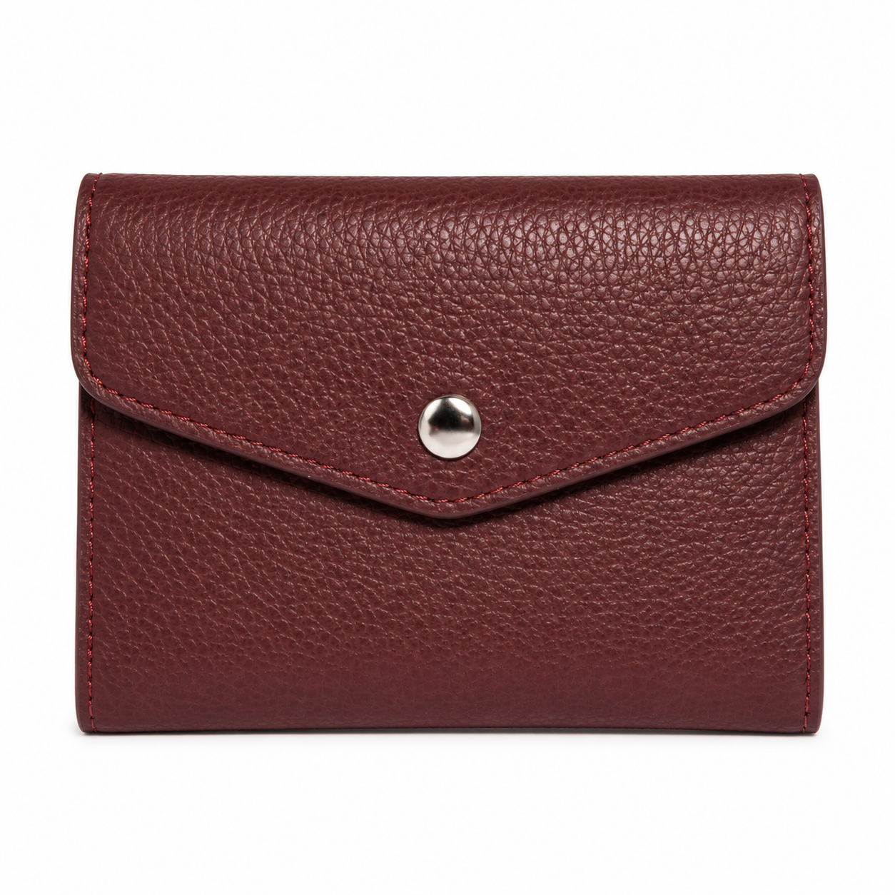 A textured burgundy leather wallet with a simple, elegant design. It features an envelope flap with a silver button, conveying a classic and refined look.