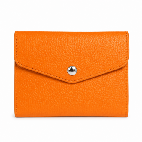 Bright orange leather wallet with a textured finish, featuring a front flap with a silver button closure. The design is simple and stylish.