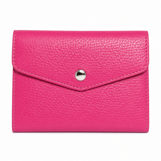 Bright pink, textured leather wallet with a simple design, featuring a front flap secured by a single silver button. Elegant and vibrant tone.