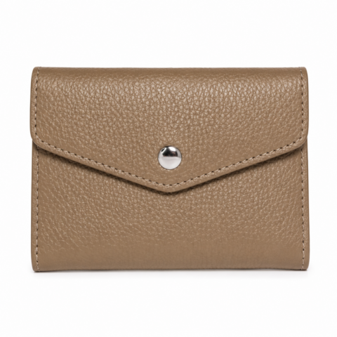 Taupe leather wallet with a textured finish, featuring a flap closure and a silver snap button at the centre. Simple and elegant design.