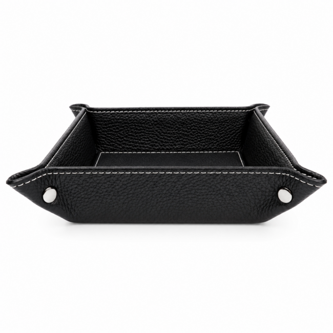 A square black leather tray with white stitching and silver button accents at the corners. The textured leather gives a sleek and elegant appearance.