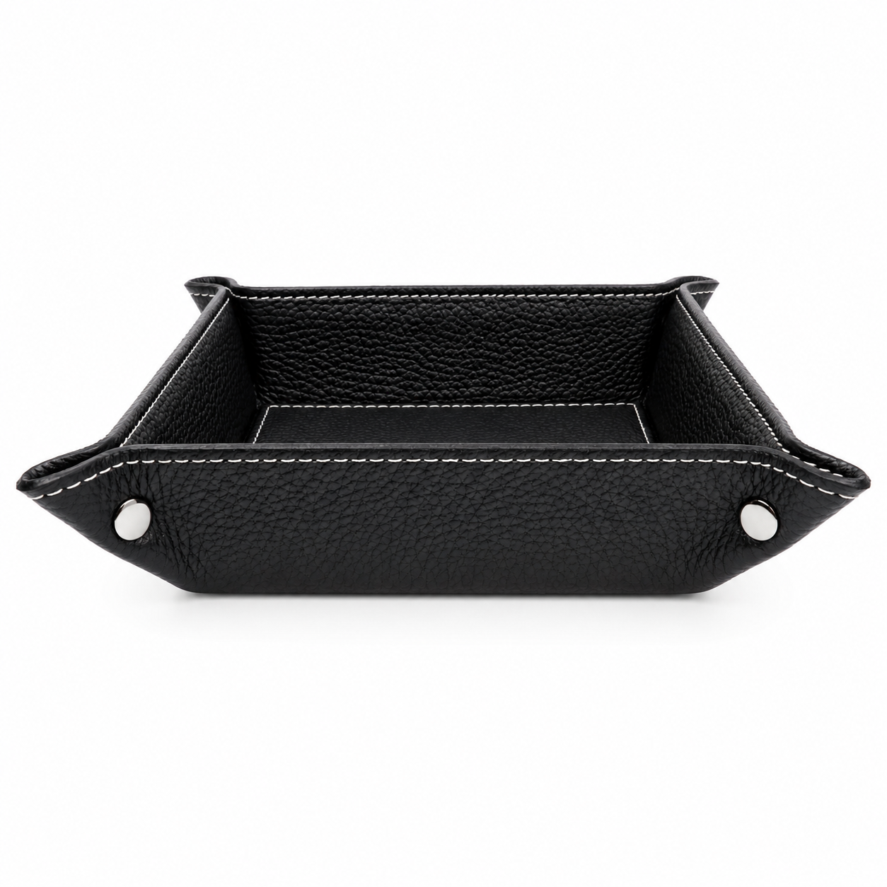 A square black leather tray with white stitching and silver button accents at the corners. The textured leather gives a sleek and elegant appearance.