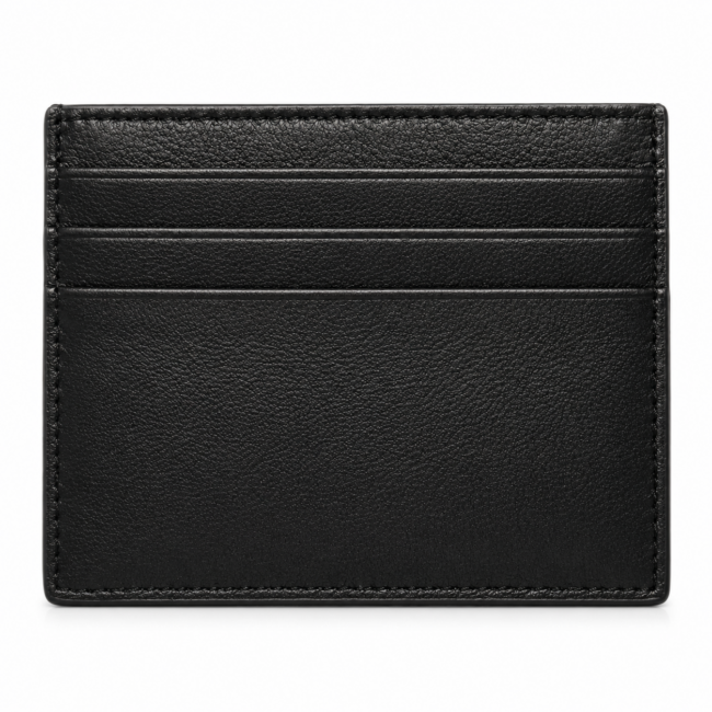 Black leather cardholder with a minimalist design. It features three horizontal card slots and fine stitching, conveying elegance and practicality.