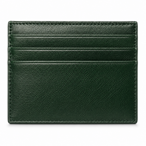 Dark green leather cardholder with a textured surface and three horizontal card slots. The sleek design conveys a minimalist and elegant tone.