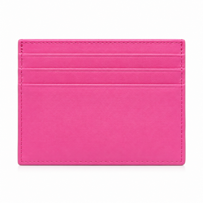 A vibrant pink cardholder on a white background featuring four horizontal card slots. The sleek design conveys a modern and stylish tone.