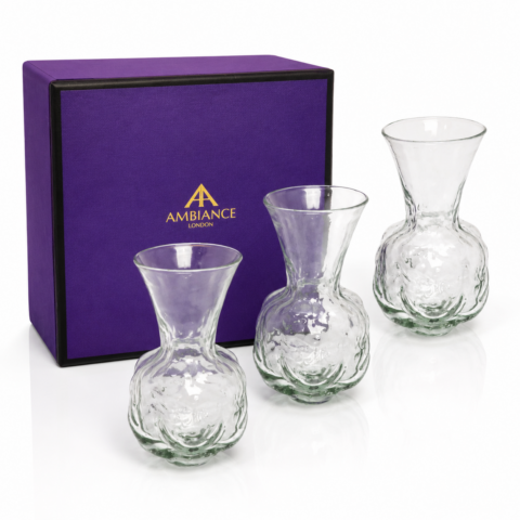 Three elegant glass bud vases with wide openings are displayed in front of a purple gift box labeled "Ancienne Ambiance London," conveying a sense of luxury.