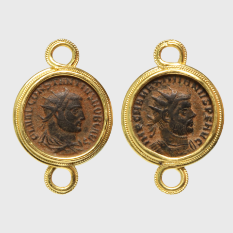 Constantius Maximianus Roman Bronze Coin Earrings, 21k Gold