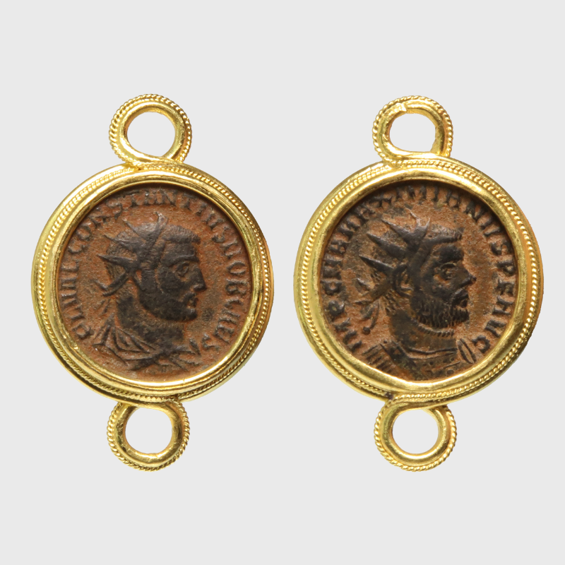 Constantius Maximianus Roman Bronze Coin Earrings, 21k Gold
