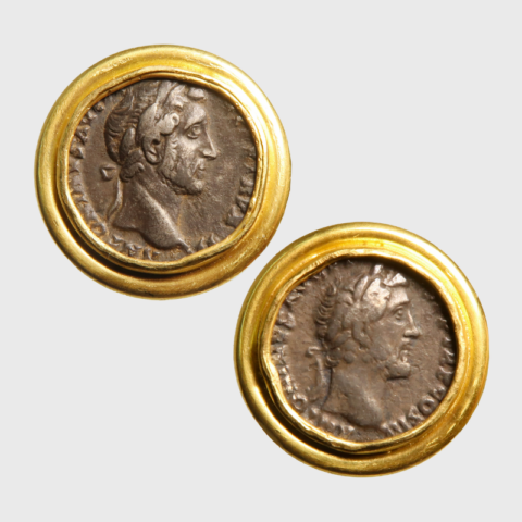 Antoninus Pius Roman Silver Coin Earrings, 21k Gold