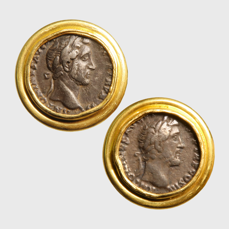 Antoninus Pius Roman Silver Coin Earrings, 21k Gold