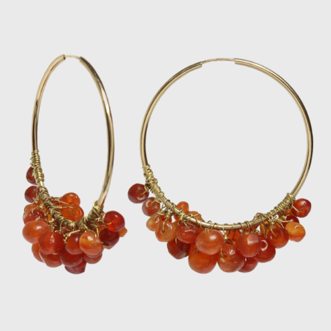 Ancient Carnelian Beads Hoop Earrings, 18k Gold