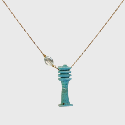 Egyptian Faience Djed Pillar Pendant Necklace, 18K Gold