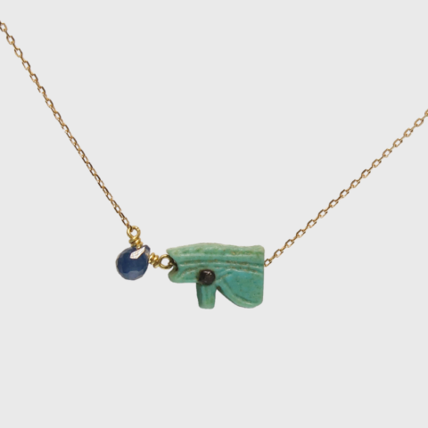 Egyptian Faience Eye Of Horus Pendant Necklace, 18K Gold
