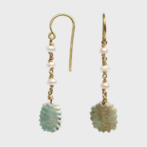 Egyptian Faience Earrings with pearls, 18k Gold