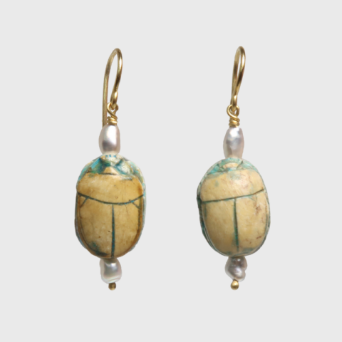 Egyptian Scarab Earrings with pearls, 18k Gold