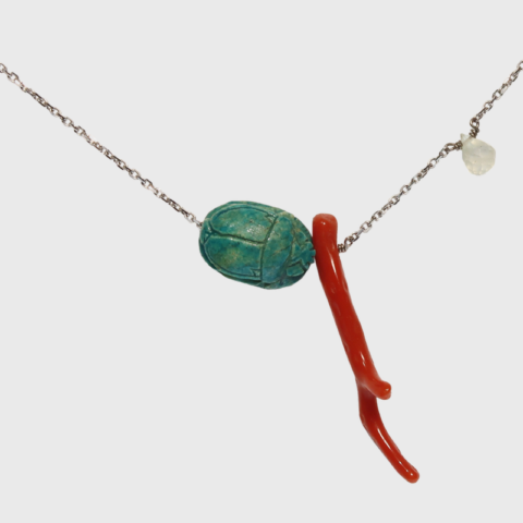 Egyptian Faience Scarab Choker Necklace, 18K White Gold