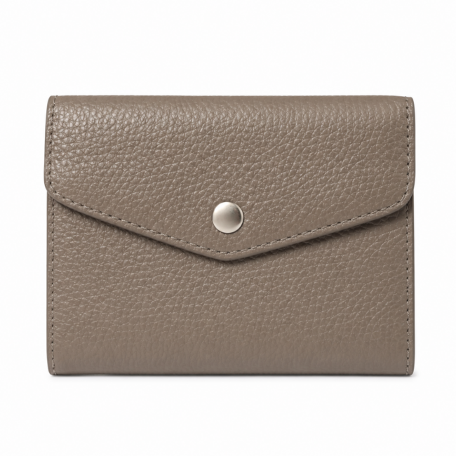 Grey textured leather wallet with a front flap and a silver button closure against a white background, conveying a sense of elegance and simplicity.