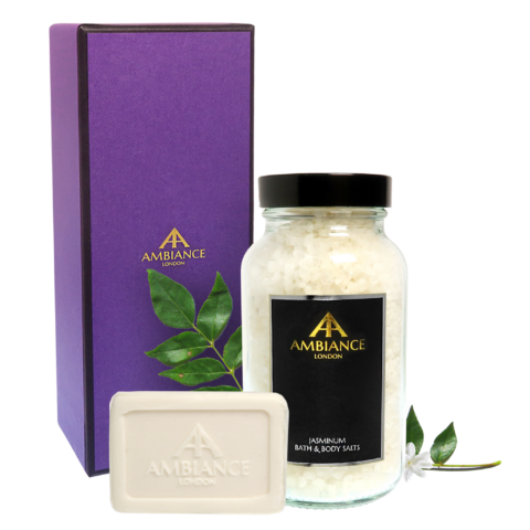 Jasminum jasmine Bath Salt Soak and Soap bar set with purple gift box