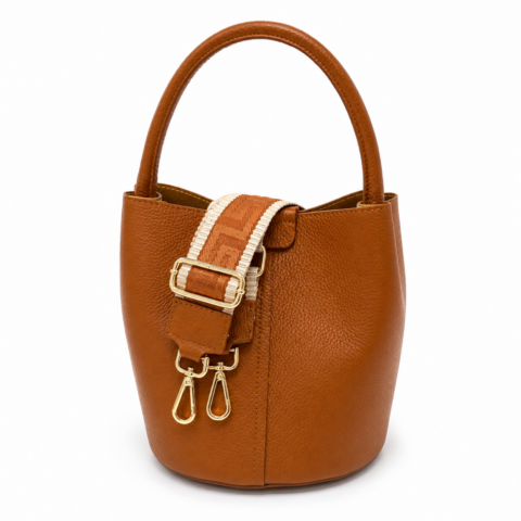 Tan Dalu Pebble Leather Bucket Bag + strap aisq