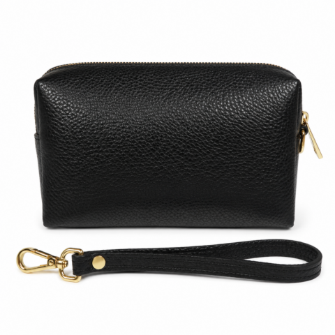 A textured black leather clutch with a detachable wrist strap and a gold zipper. The clutch appears elegant and sleek, suggesting a stylish accessory.