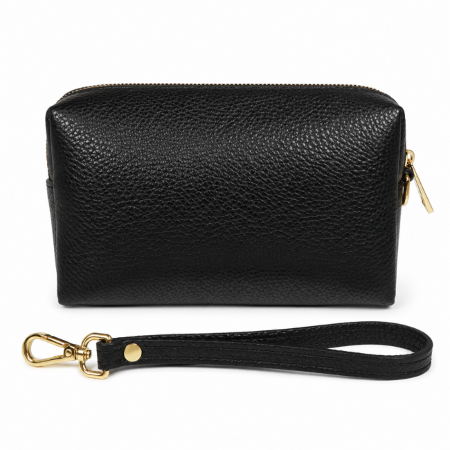 A textured black leather clutch with a detachable wrist strap and a gold zipper. The clutch appears elegant and sleek, suggesting a stylish accessory.