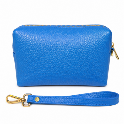 A small, blue pebbled leather make-up bag with a detachable strap and gold clasp is shown on a white background, conveying elegance and simplicity.