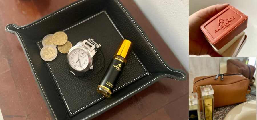 Luxury gifts for him, soap set and small leather goods at Ancienne Ambiance London in Chelsea.