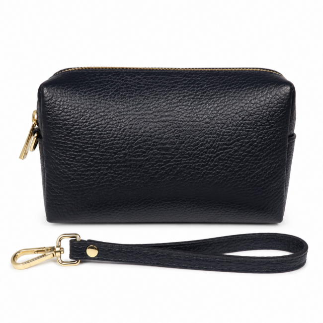 A small, navy pebbled leather bag with a detachable strap and gold clasp is shown on a white background, conveying elegance and simplicity.