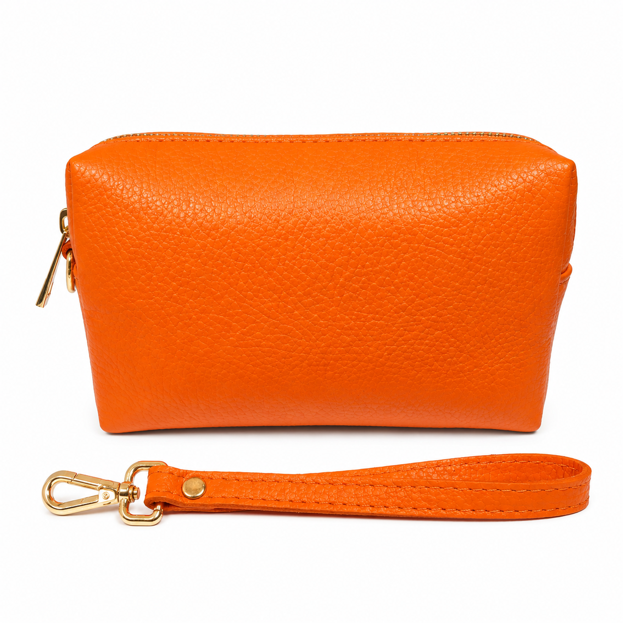 A small, orange pebbled leather bag with a detachable strap and gold clasp is shown on a white background, conveying elegance and simplicity.