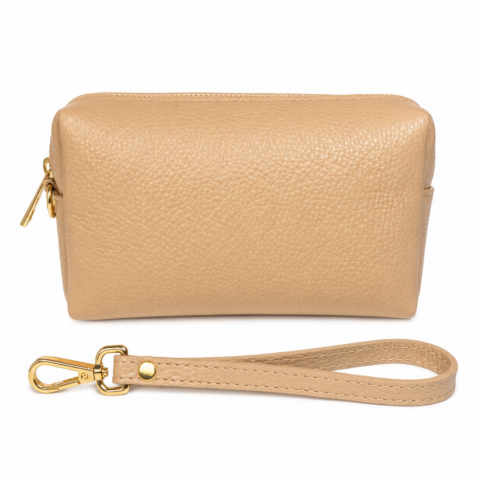 A small, light taupe pebbled leather bag with a detachable strap and gold clasp is shown on a white background, conveying elegance and simplicity.