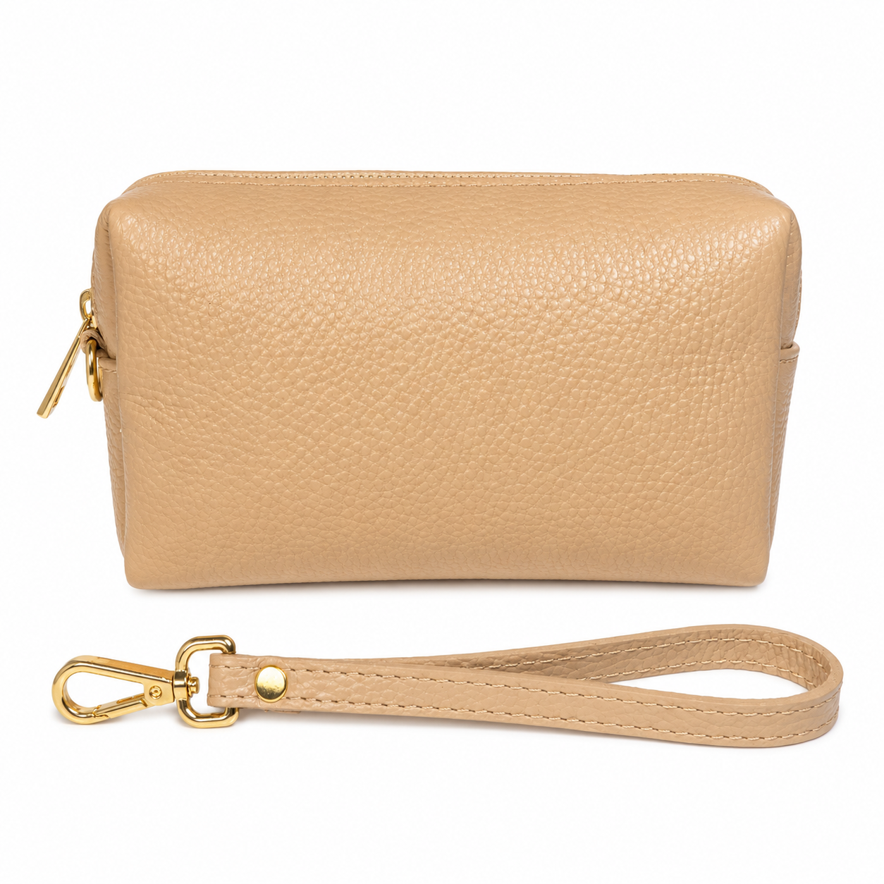 A small, light taupe pebbled leather bag with a detachable strap and gold clasp is shown on a white background, conveying elegance and simplicity.