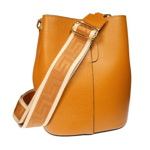 Tan Artemisia leather bucket bag with greek key adjustable strap.