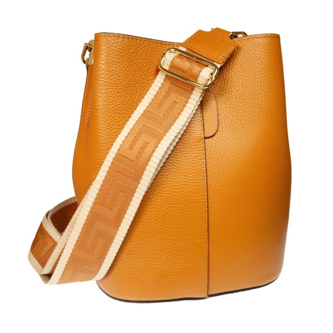 Tan Artemisia leather bucket bag with greek key adjustable strap.