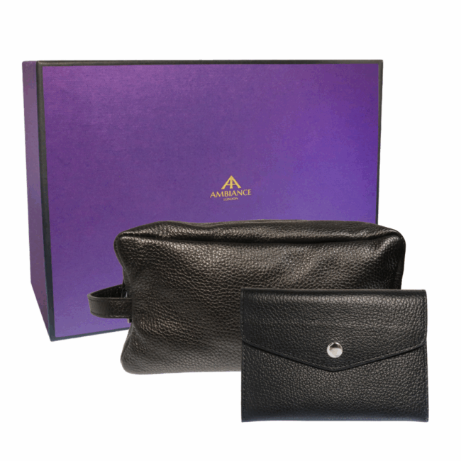 Black pebble leather wash bag and wallet set with gift box.