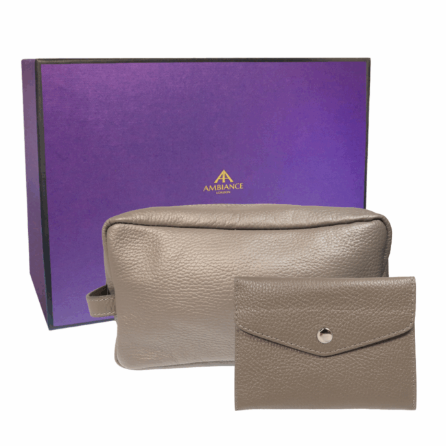 Grey pebble leather wash bag and wallet set with gift box.