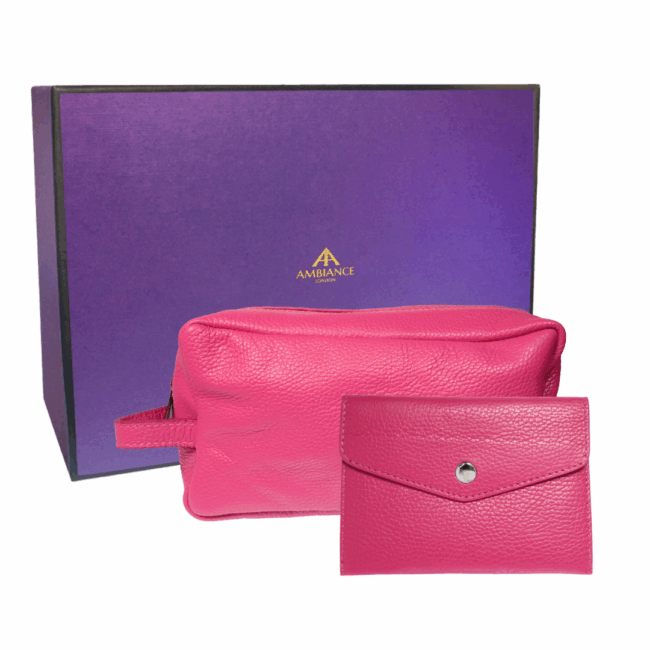 Pink pebble leather wash bag and wallet set with gift box.