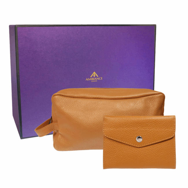 Tan pebble leather wash bag and wallet set with gift box.