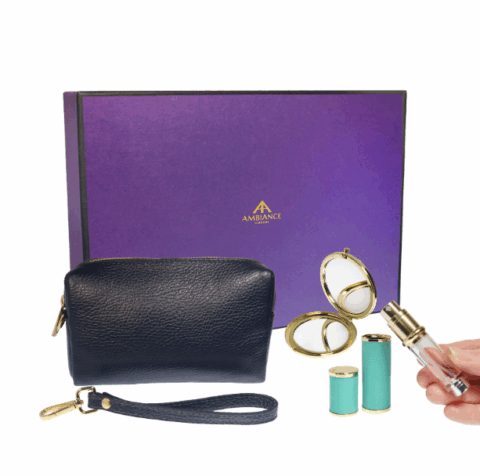 Travel Beauty Accessories Gift Boxed Set with make up bag, perfume atomiser and compact mirror.