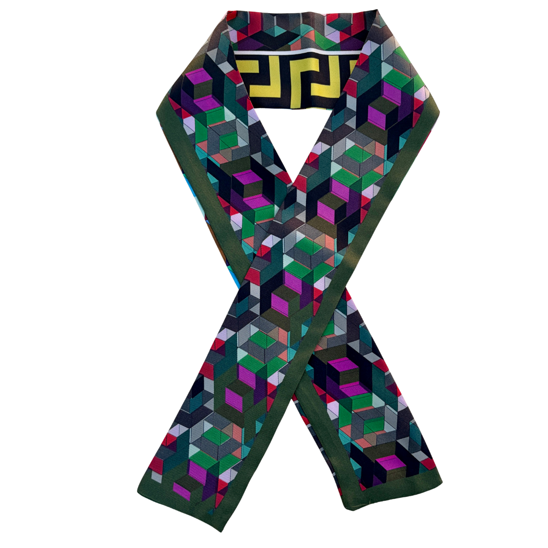 Olive green and yellow greek key print Minerva Twilly Silk Scarf.