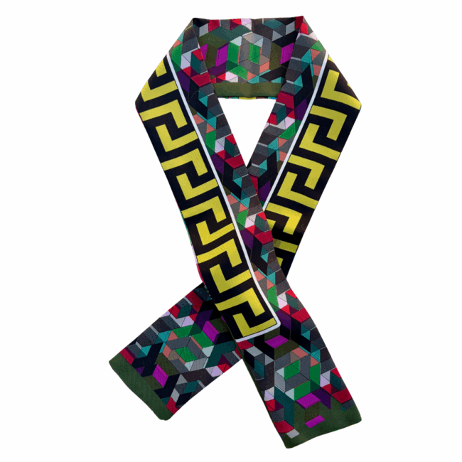 Olive green and yellow greek key print Minerva Twilly Silk Scarf.