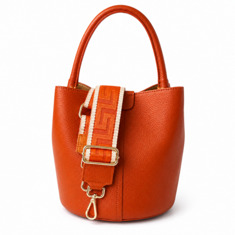 Orange Dalu Pebble Leather Bucket Bag + strap aisq