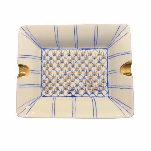 Rectangular porcelain vide poche tray with blue grid lines and gold flower pattern. Two gold-trimmed grooves on opposite sides. Elegant and ornate design.