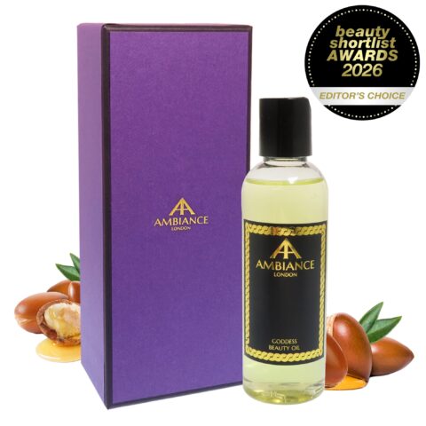 Ancienne Ambiance London Goddess Beauty Oil beside a purple box with gold branding. Argan nuts surround the products, marked as Beauty Shortlist Awards 2026 Editor's Choice.