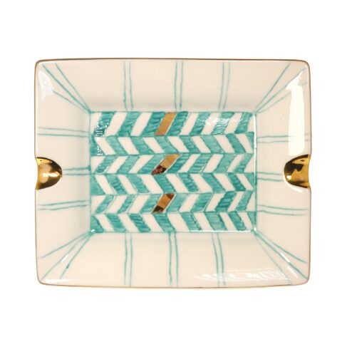 Rectangle Porcelain tray with turquoise and white stripe pattern, gold accents. The design exudes a vibrant, elegant feel.