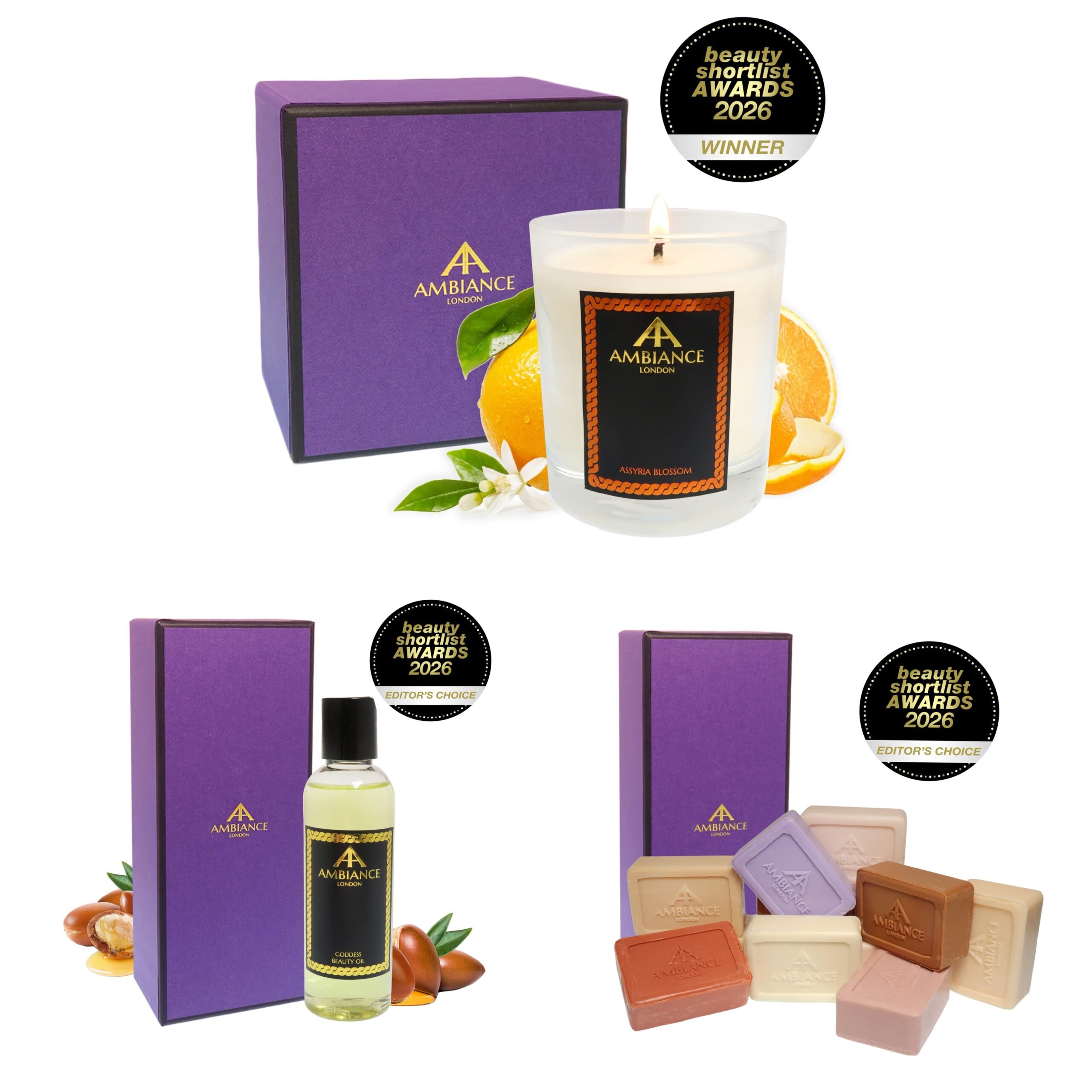 Purple boxed Ancienne Ambiance products include a lit candle with fresh oranges and flowers, a beauty oil with a box and organ kernels and soaps arranged in pastel shades. 2026 Beauty Shortlist Awards badges are visible, giving a premium, luxurious feel.
