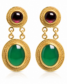 Elegant gold Ancient Roman revival earrings with intricate detailing feature small round red stones on top, connected to large green oval stones, creating a luxurious vibe.