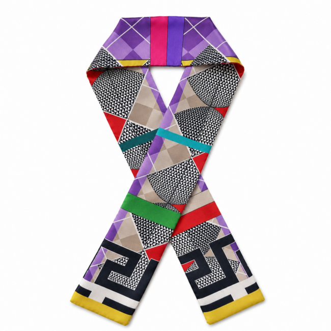 Colourful geometric-patterned sill twilly scarf with intersecting triangles, squares, and lines in purple, red, green, and black on a neutral background.