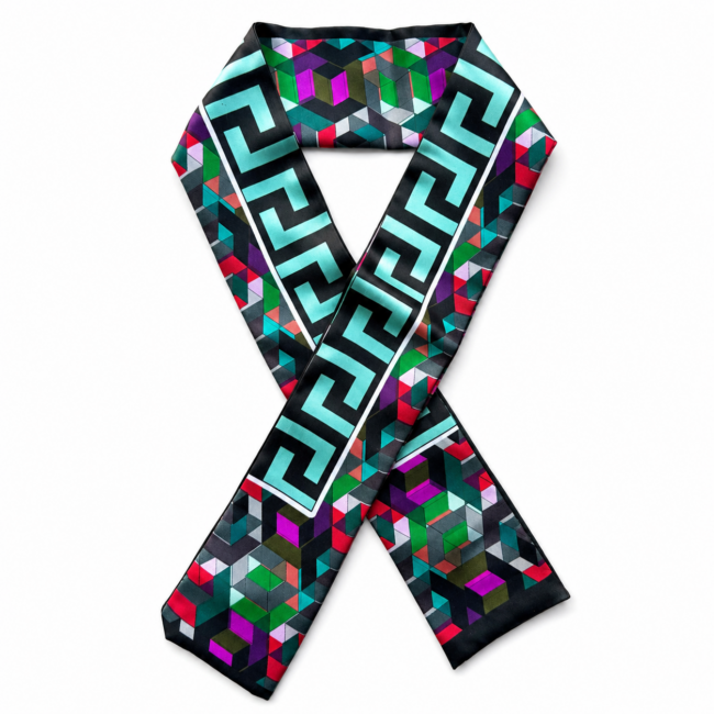 Silk twilly scarf with a vibrant geometric pattern and turquoise Greek key design, featuring bold colours like red, green, and purple, folded in an X shape.